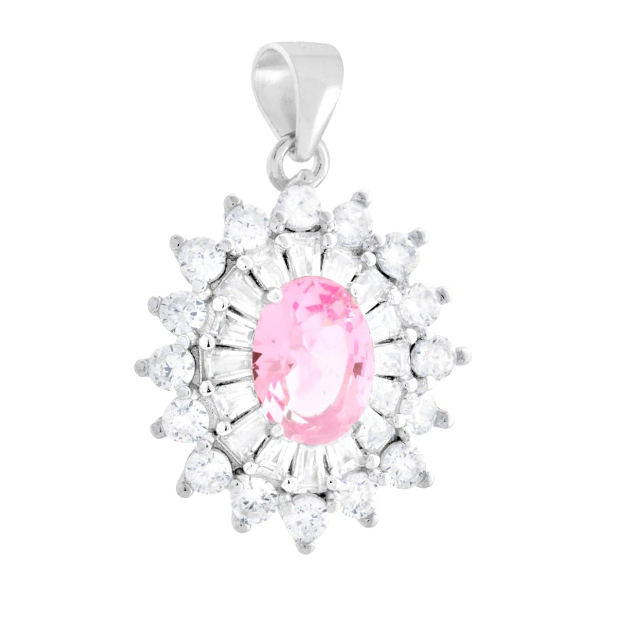 Ciondolo con ovale colore Rosa e cubic zirconia bianchi taglio Trapezio e tondi incastonati intorno. <BR>