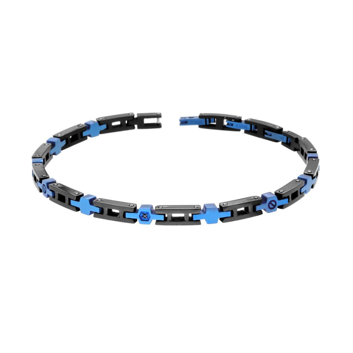 Bracciale Uomo Catena Imperniata altenata Blu con Crystal Nero in ACCIAIO colore Nero