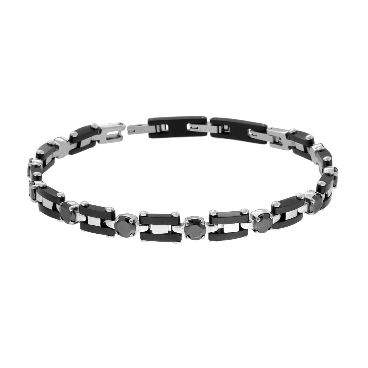 Bracciale Uomo Catena Imperniata altenata Nero con Crystal Neri in ACCIAIO