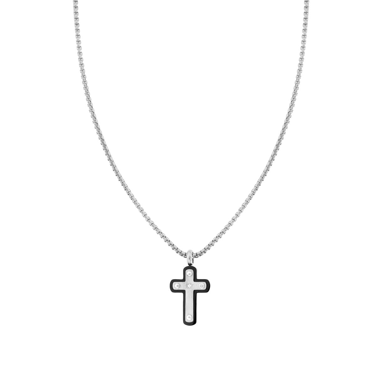 Collana Uomo Catena Veneziana Tonda con Croce Nera con Crystal Bianco in ACCIAIO