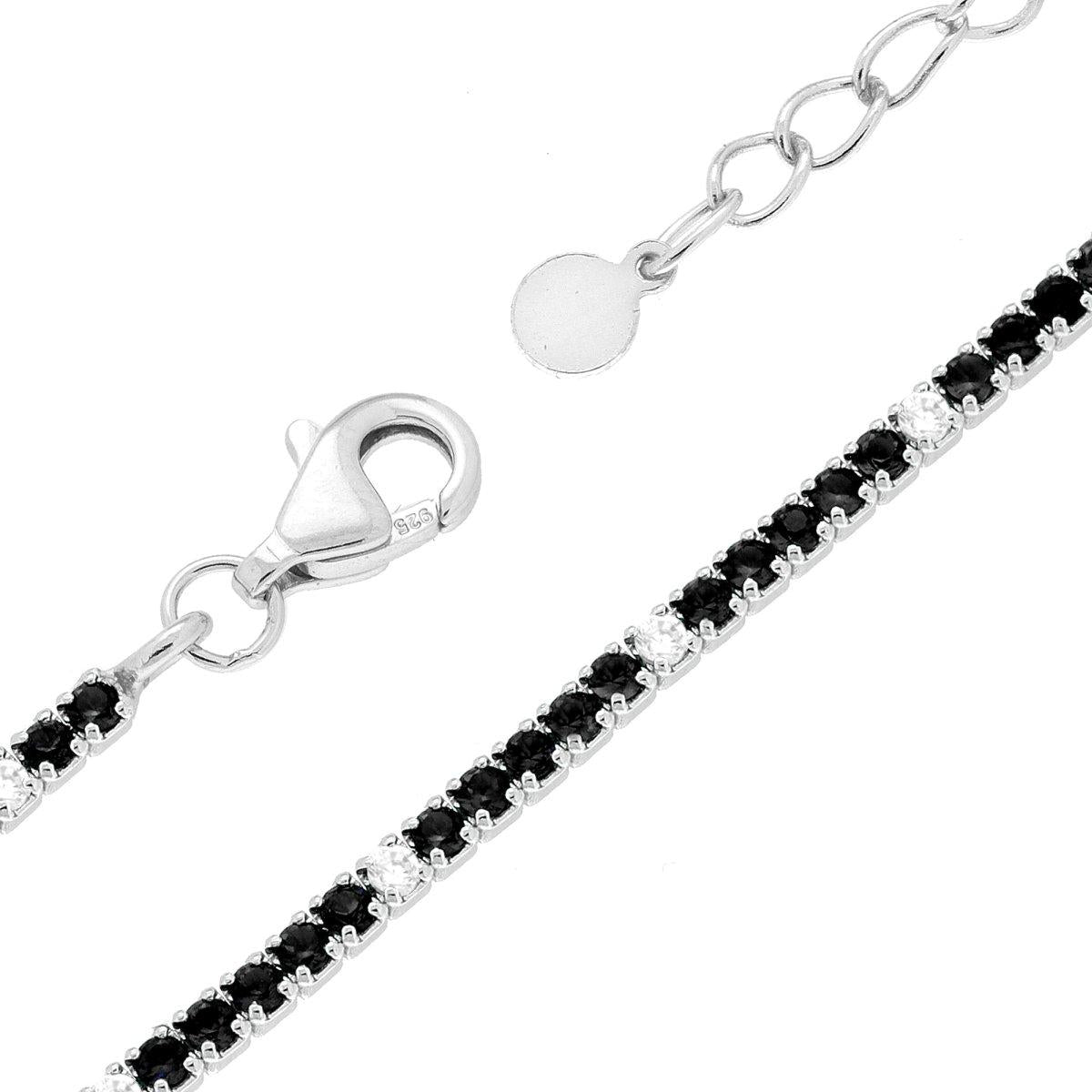 Bracciale Tennis cm 16+3 con Zirconi mm 1.5 alternati Neri e Bianchi in ARGENTO 925 Galvanica Rodio
