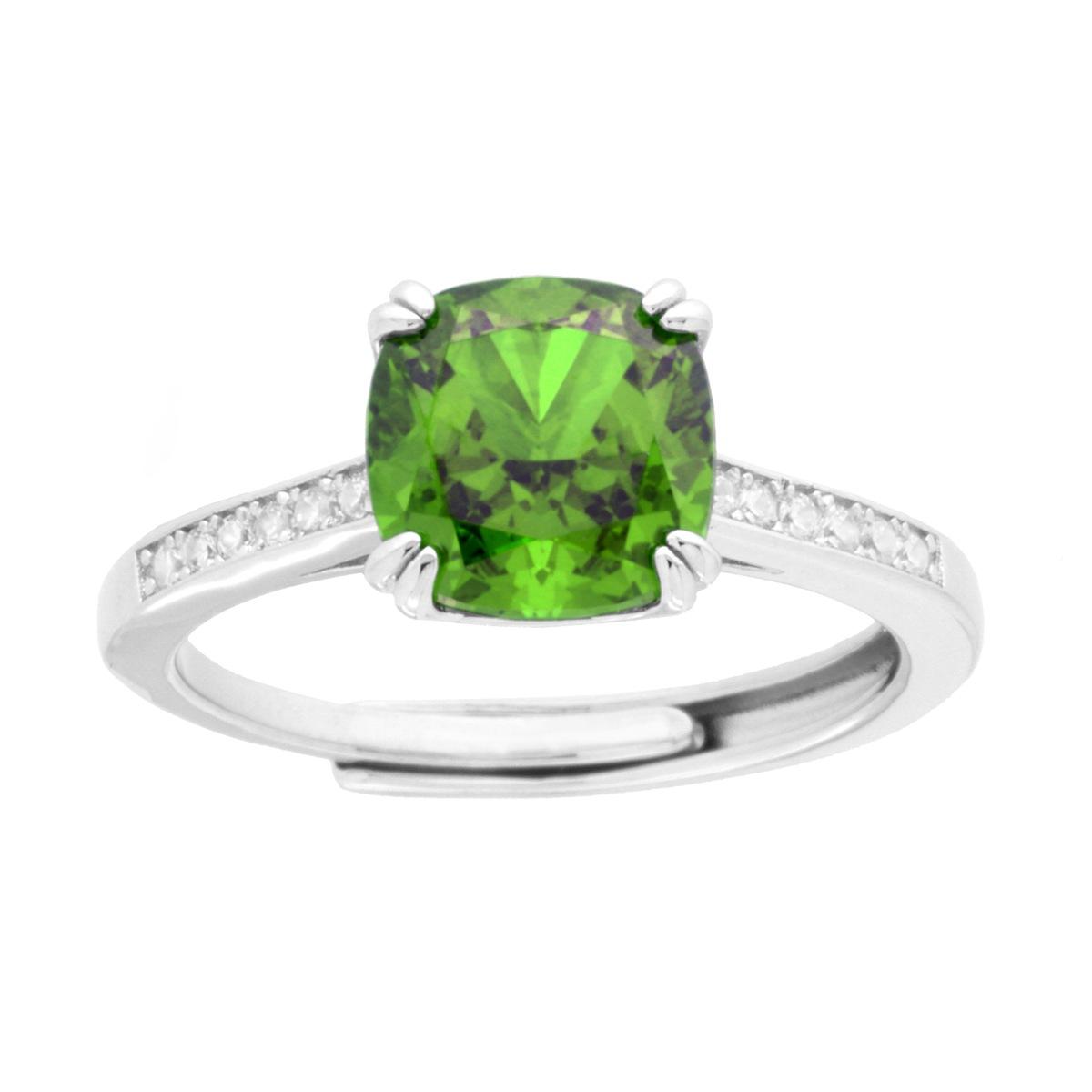 Anello Solitario Quadrato Cushion Verde Peridoto con Cubic Zirconia Bianchi in ARGENTO 925 Galvanica Rodio