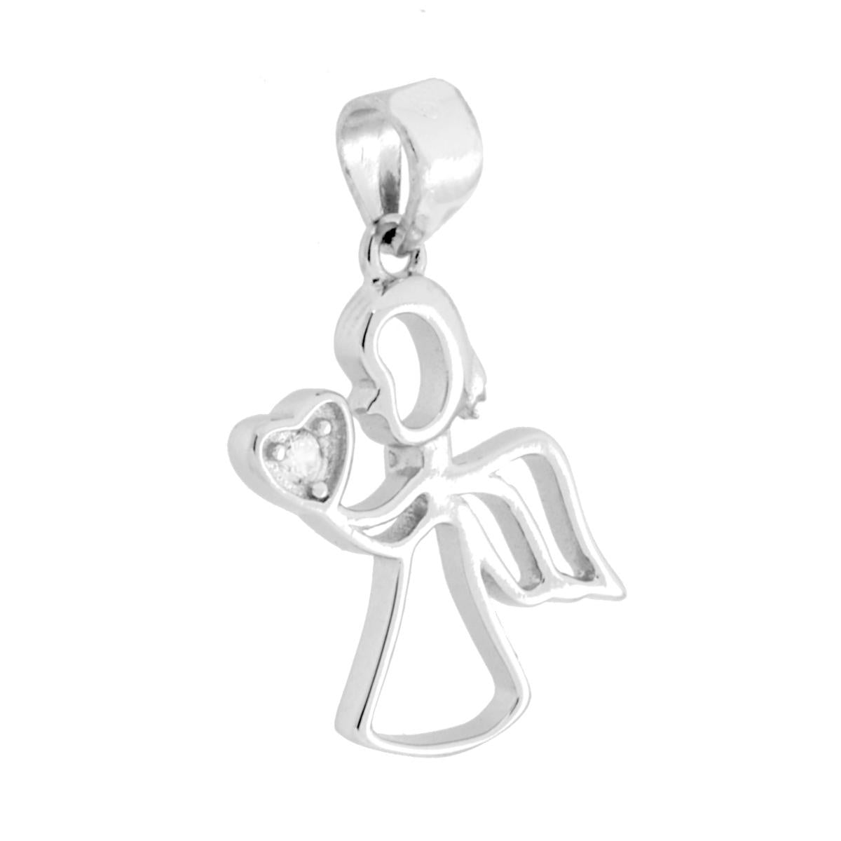 Ciondolo a forma di angelo con finitura liscia e lucida con in mano cuore con cubic zirconia bianco incastonato.