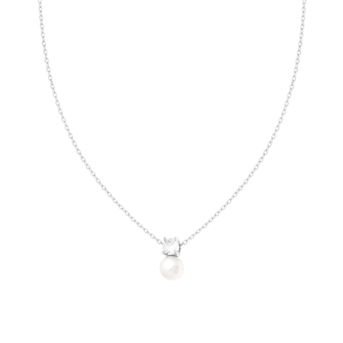 Collana Catena Forzatina Diamantata con Perla e Punto Luce Cubic Zirconia Bianco in ARGENTO 925 Galvanica Rodio