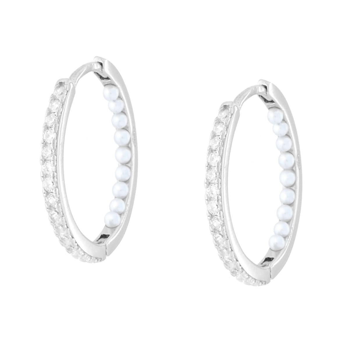 Orecchini Cerchio a Scattino con Perle e Cubic Zirconia Bianchi in ARGENTO 925 Galvanica Rodio