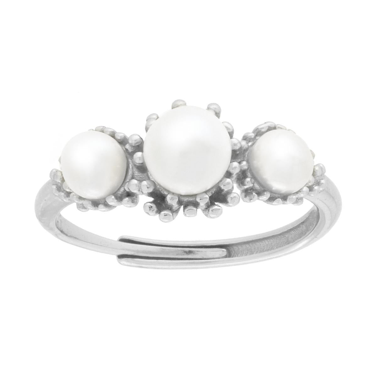 Anello Trilogy con Perle bianche su lavorazione effetto corallo in ARGENTO 925 Galvanica Rodio