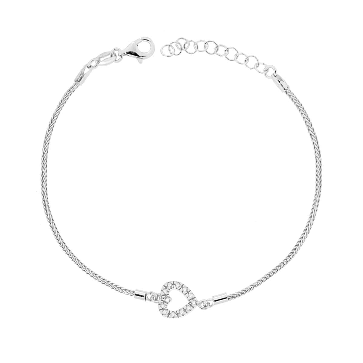 Bracciale Catena Spiga con Cuore Cubic Zirconia Bianchi in ARGENTO 925 Galvanica Rodio
