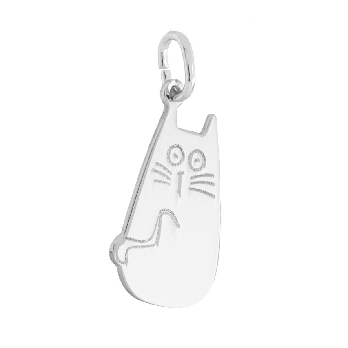 Ciondolo piastrina a forma di gatto con finitura laser e lucida.<BR>Made in Italy