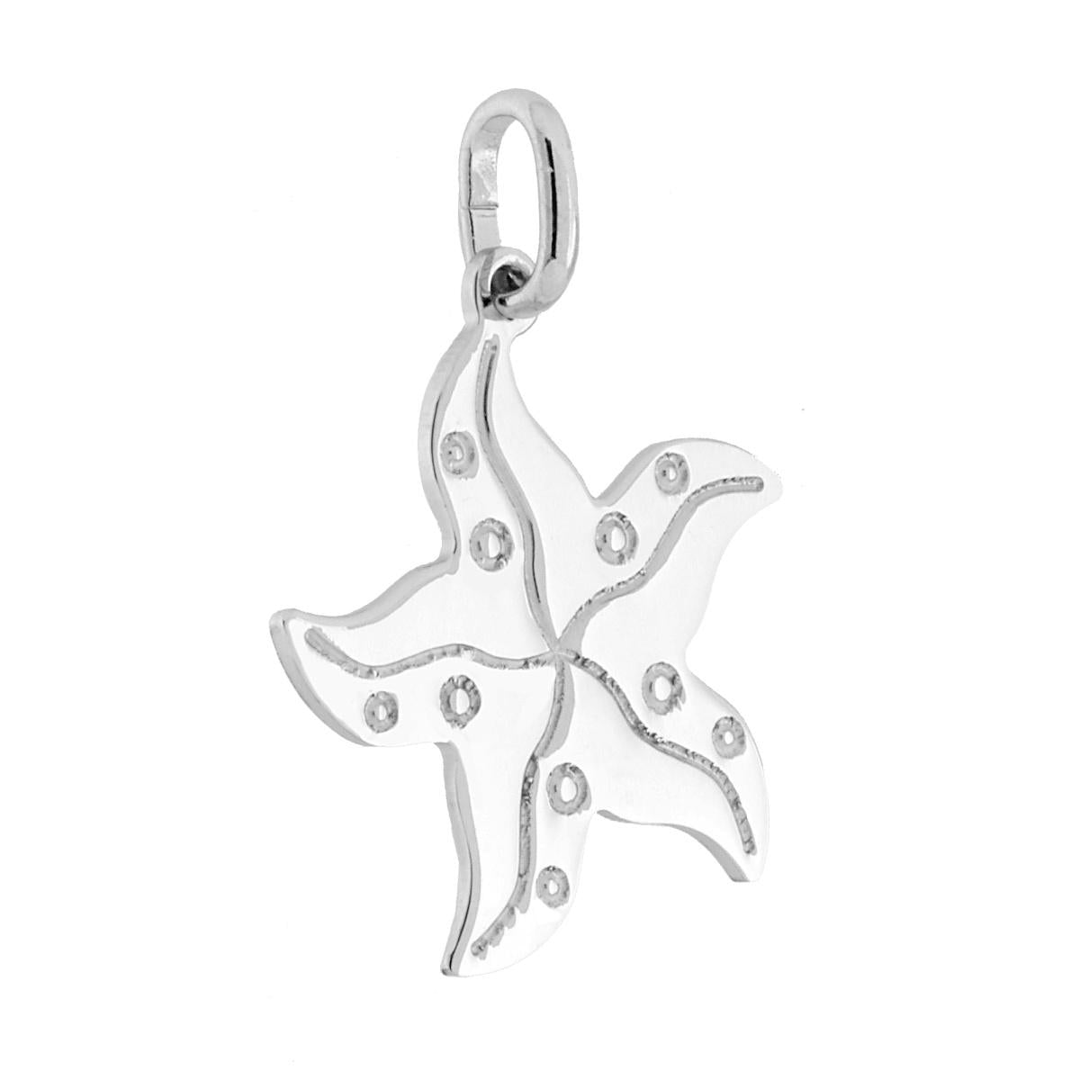 Ciondolo piastrina a forma di stella marina con finitura laser e lucida.<BR>Made in Italy