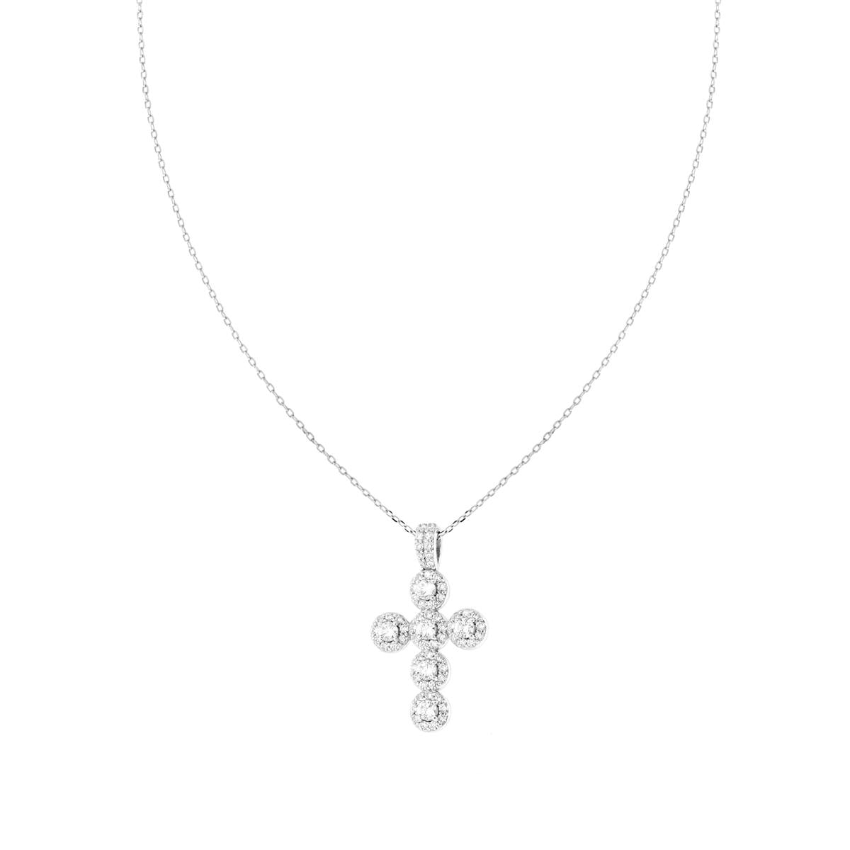 Collana Catena Forzatina Diamantata con Croce e Cubic Zirconia Bianchi in ARGENTO 925 Galvanica Rodio