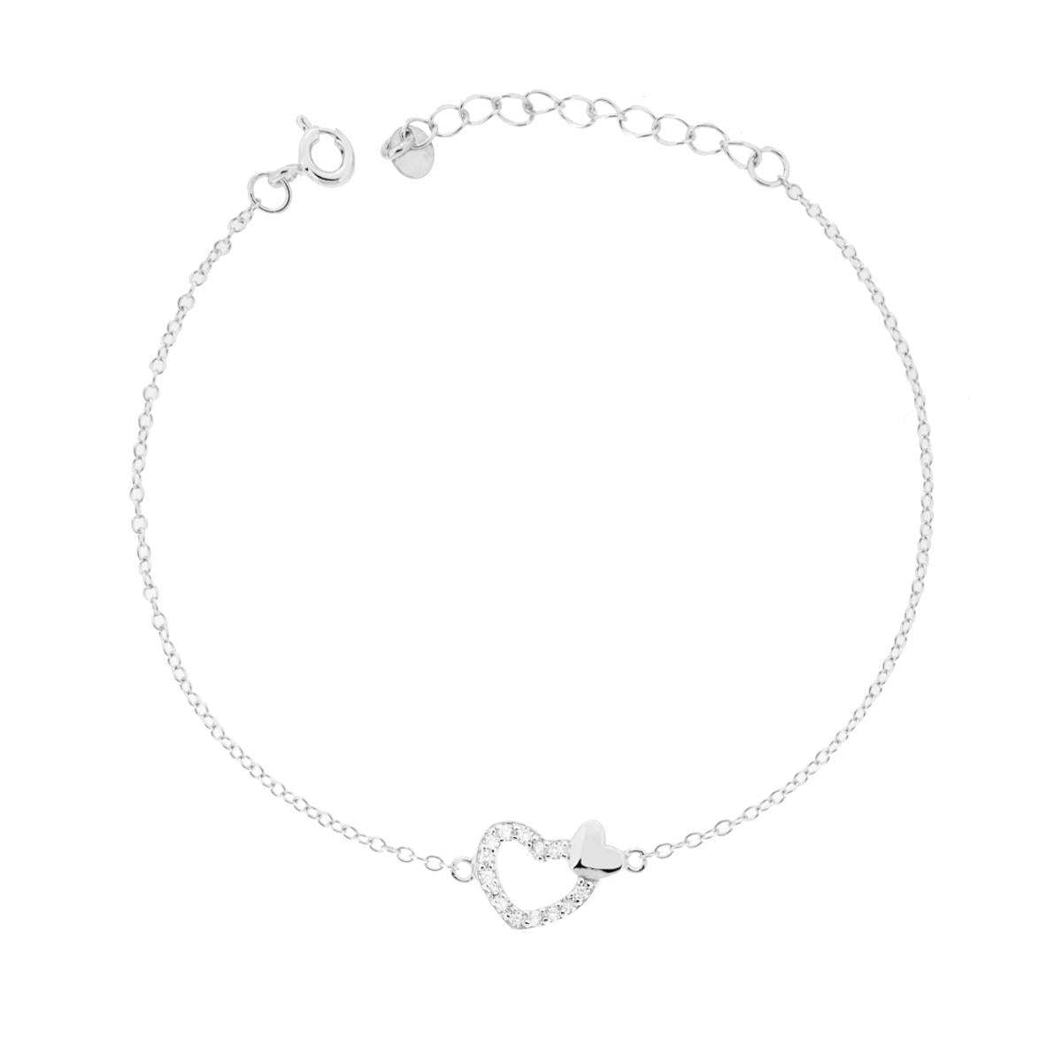Bracciale Catena Forzatina con Cuori e Cubic Zirconia Bianchi in ARGENTO 925 Galvanica Rodio