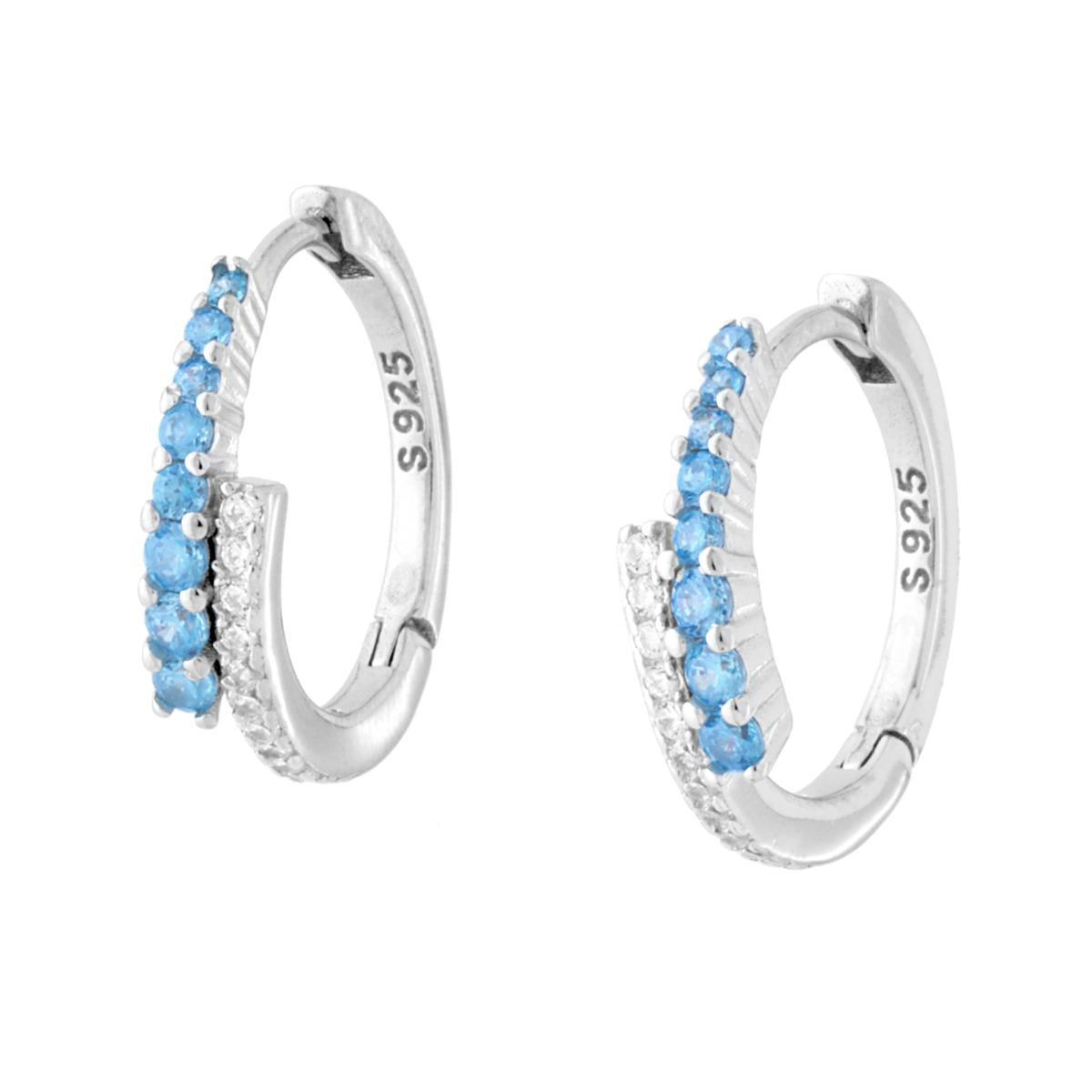 Orecchini Cerchio Scattino con Cubic Zirconia Contrarie Acquamarina e Bianchi in ARGENTO 925 Galvanica Rodio
