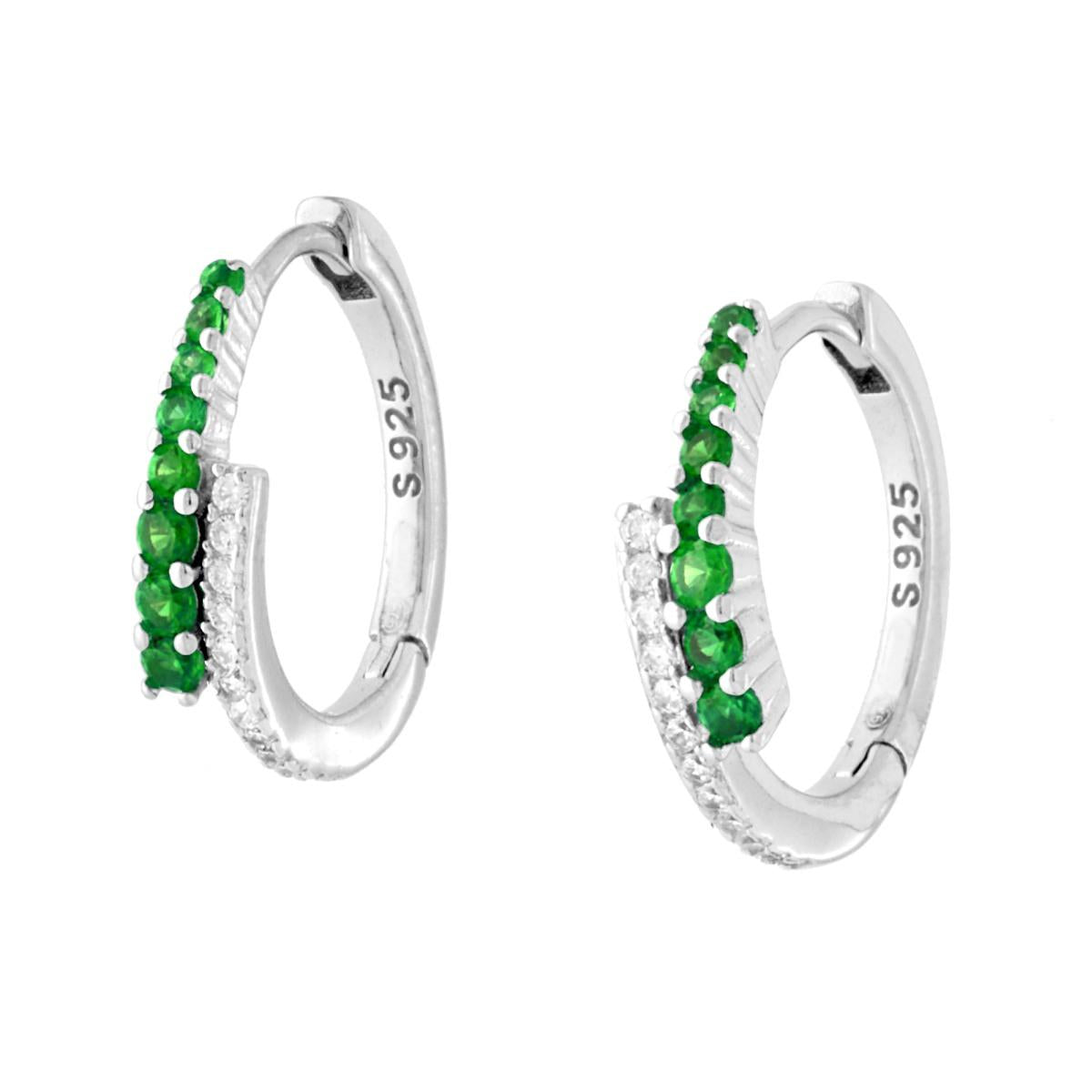 Orecchini Cerchio Scattino con Cubic Zirconia Contrarie Verde Smeraldo e Bianchi in ARGENTO 925 Galvanica Rodio