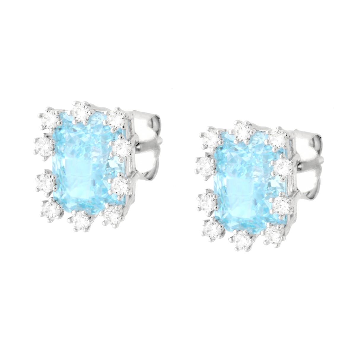 Orecchini Punto Luce Rettangolo Acquamarina con Griffe Fiorite con Cubic Zirconia Bianchi in ARGENTO 925 Galvanica Rodio