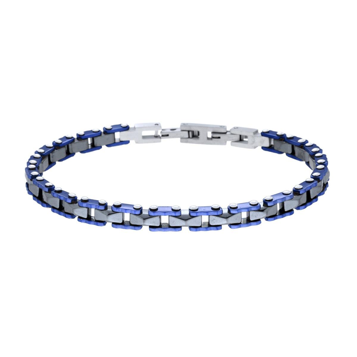 Bracciale Uomo Catena Imperniata Dentellata Blu con Ceramica Antracite Bugnata in ACCIAIO