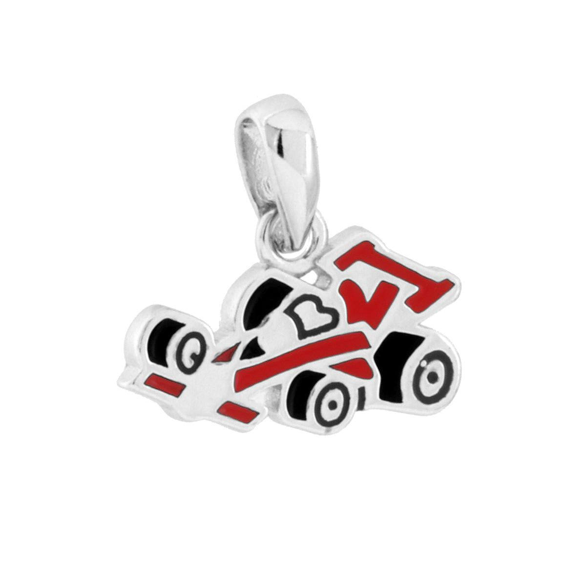 Ciondolo a forma di Automobile da corsa Formula 1 con apllicazione smalto rosso e nero.<BR>