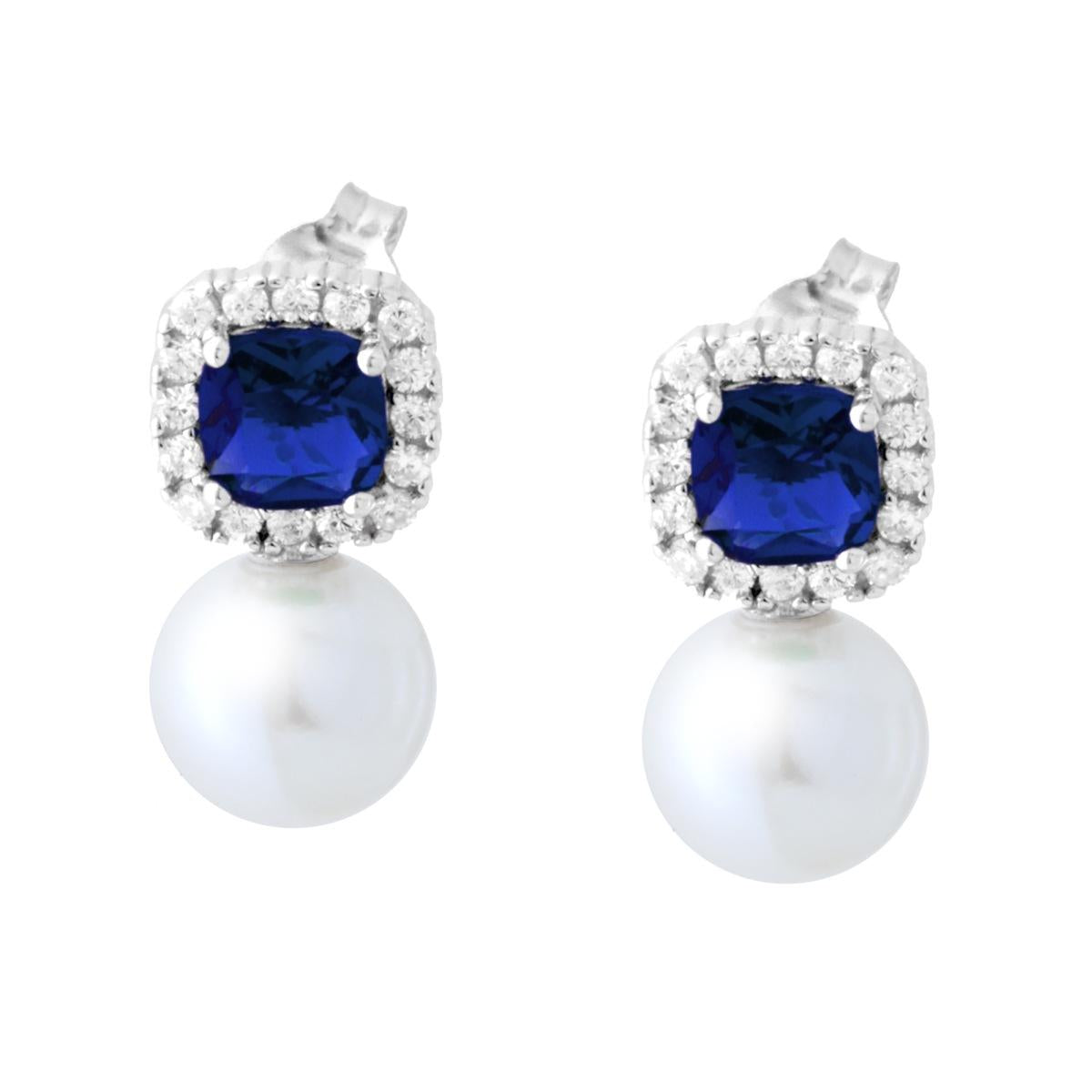Orecchini Quadrati Cushion Blu Zaffiro contornato da Cubic Zirconia Bianchi e Perla Bianca in ARGENTO 925 Galvanica Rodio