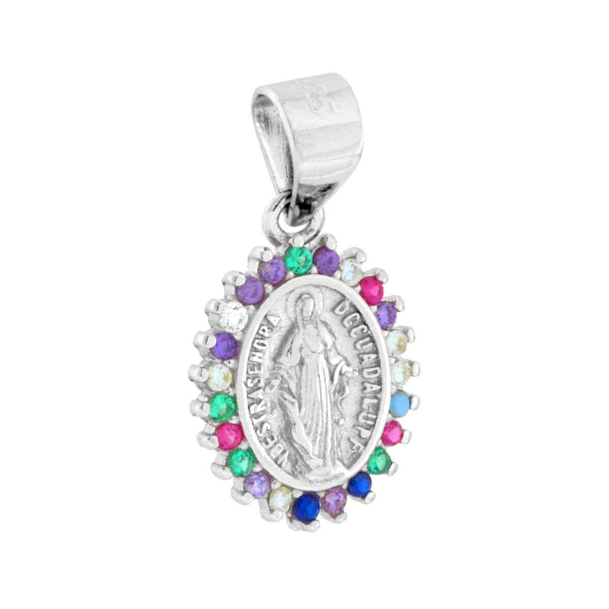 Ciondolo Medaglietta di forma ovale con al centro immagine in rilievo della Madonna Miracolosa con intorno cubic zirconia multicolor incastonati.<BR>