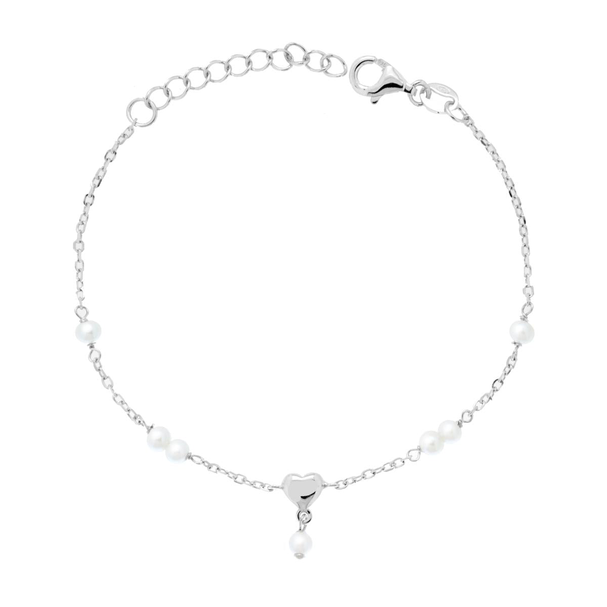Bracciale Catena Forzatina Diamantata con Perle e Cuore in ARGENTO 925 Galvanica Rodio