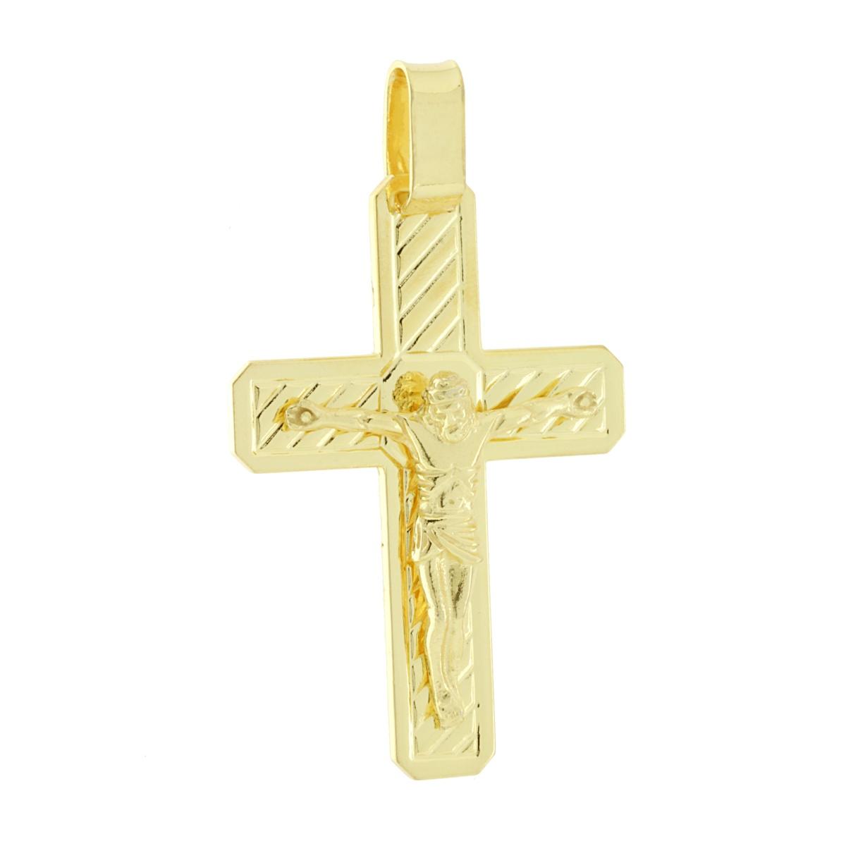 Ciondolo a forma di croce con Ges Cristo con decoro rigato e finitura liscia e lucida.<BR>Made in Italy<BR>