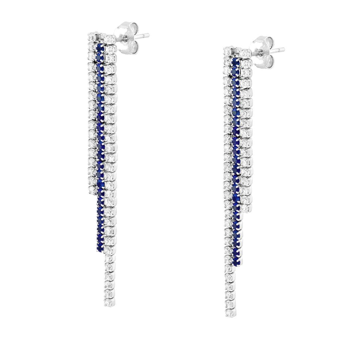 Orecchini tre fili Tennis Cubic Zirconia Blu Zaffiro e Bianchi in ARGENTO 925 Galvanica Rodio