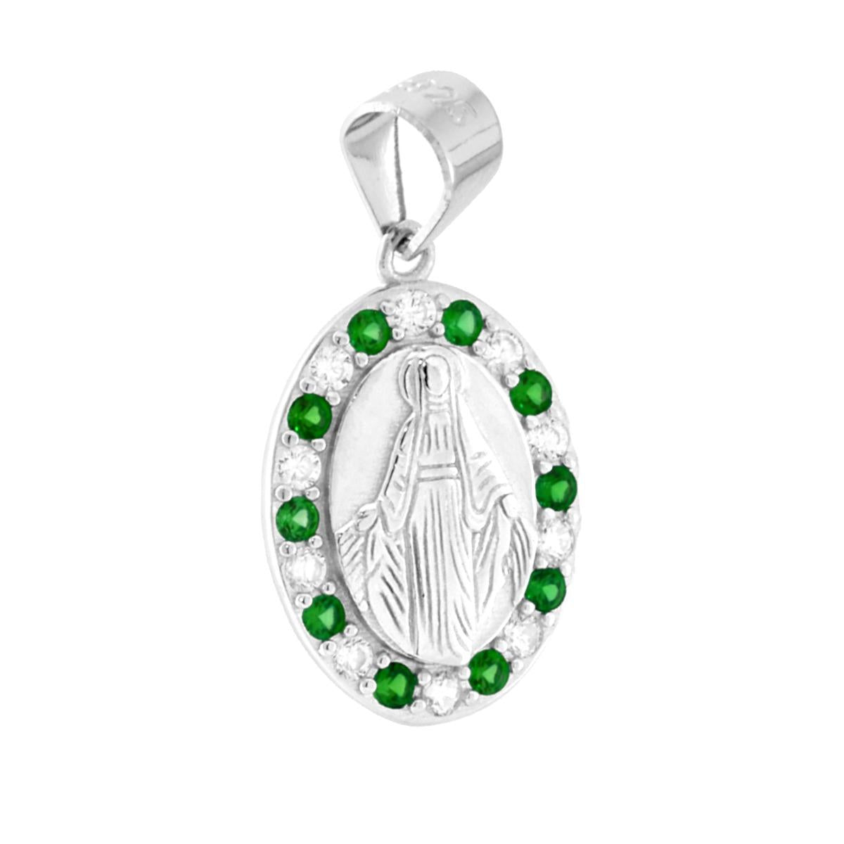 Ciondolo Medaglietta di forma ovale con al centro immagine in rilievo della Madonna Miracolosa con attorno cubic zirconia colore Verde Smeraldo e bianchi.<BR>
