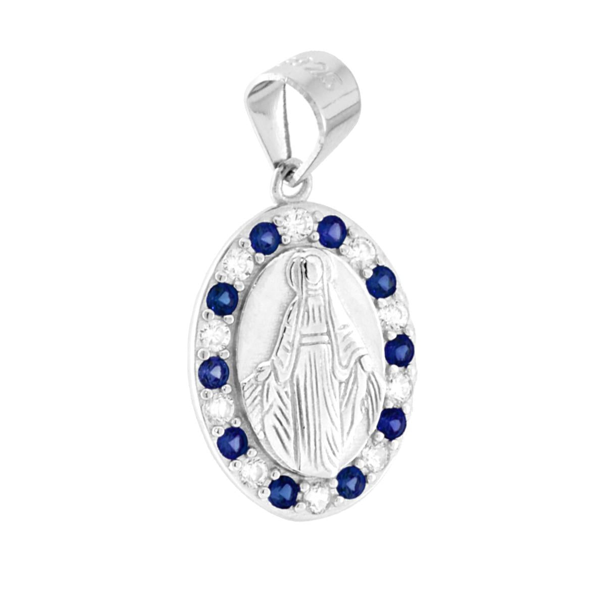 Ciondolo Medaglietta di forma ovale con al centro immagine in rilievo della Madonna Miracolosa con attorno cubic zirconia colore Blu Zaffiro e bianchi.<BR>