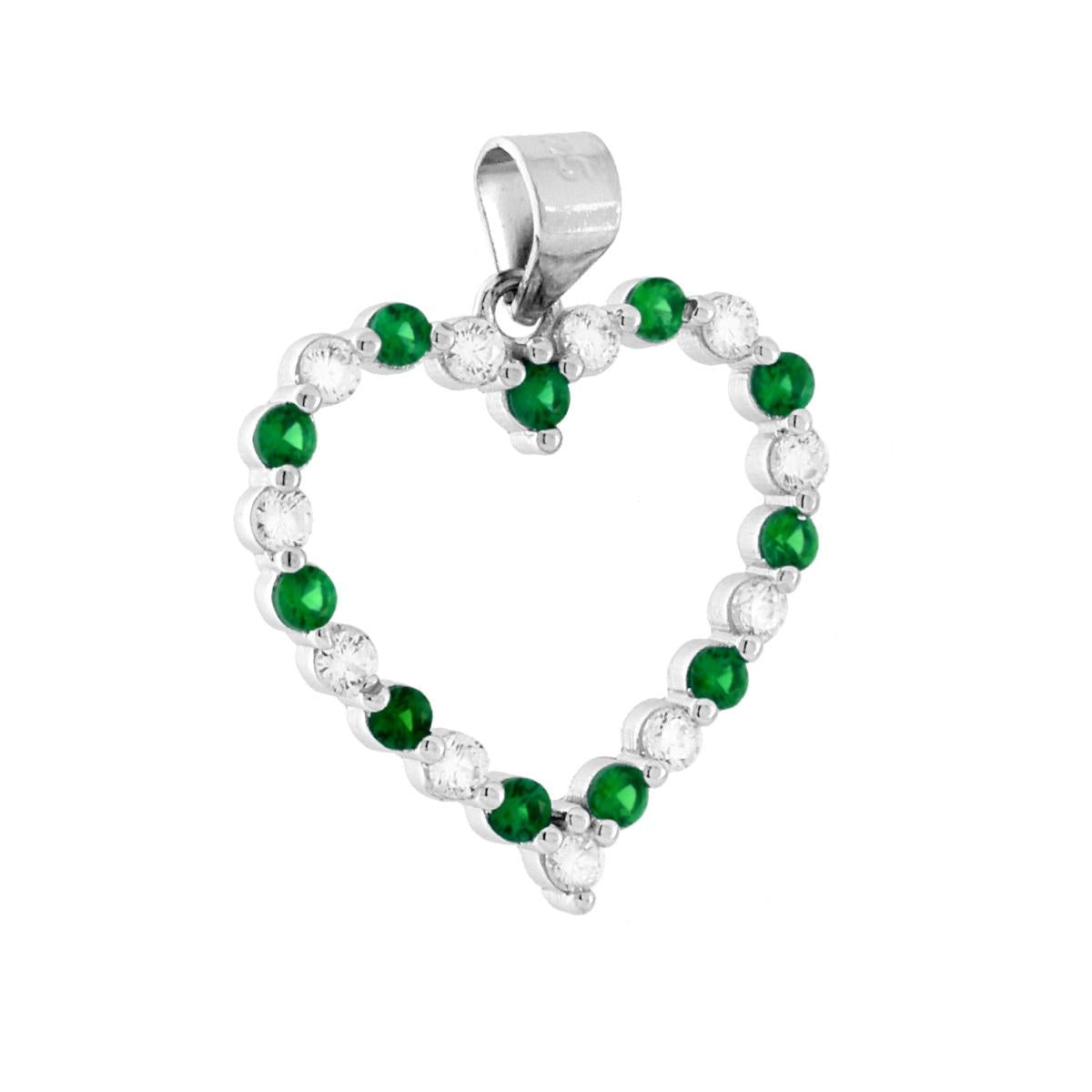 Ciondolo a forma di cuore con cubic zirconia colore Verde Smeraldo e bianchi incastonati alternati.