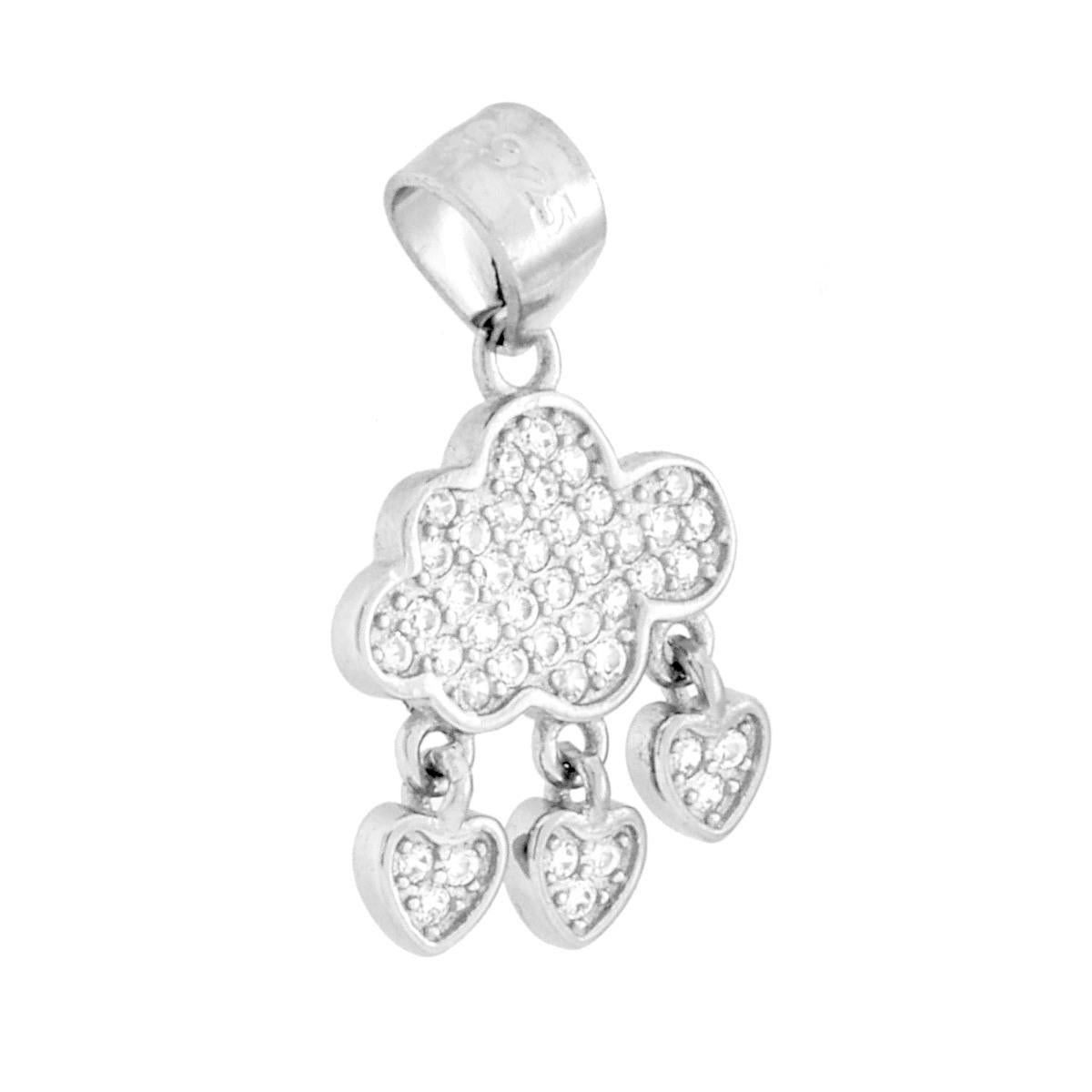 Ciondolo a forma di nuvola con cuori pendenti con cubic zirconia bianchi incastonati.<BR>