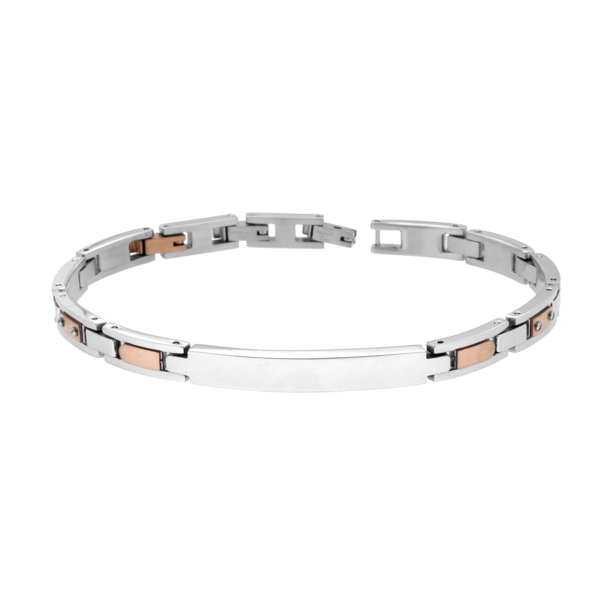 Bracciale Uomo Catena Imperniata con Targa e dettagli Rosa in ACCIAIO