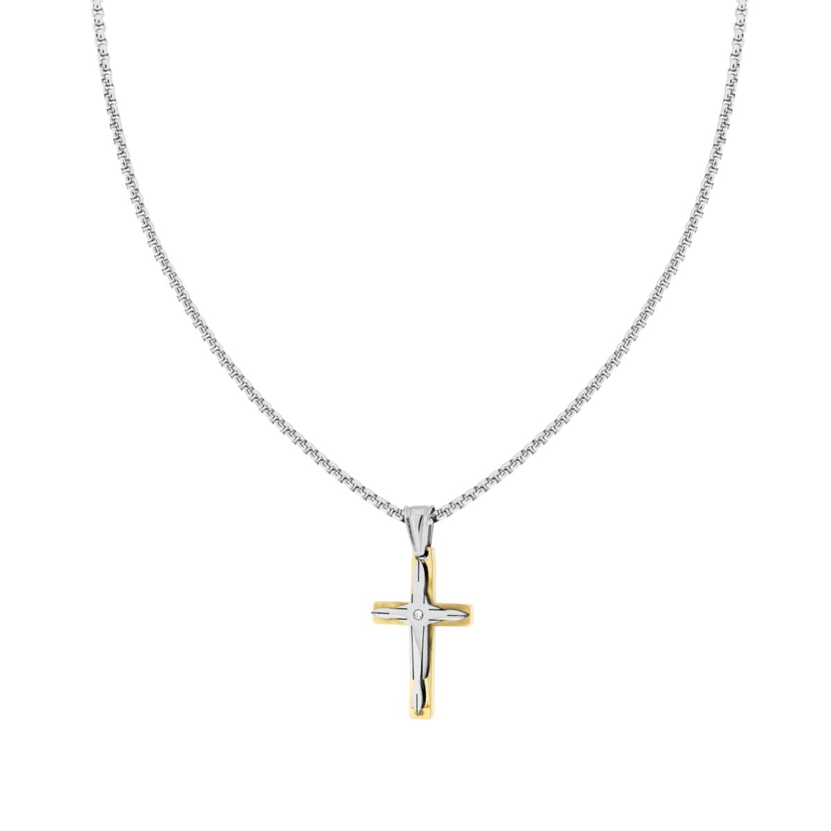 Collana Catena Veneziana Tonda con Croce colore Oro e Crystal Bianco in ACCIAIO