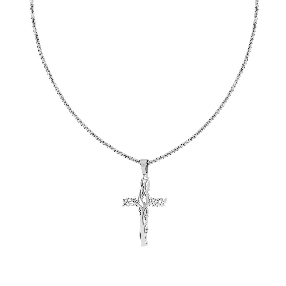 Collana Catena Veneziana tonda con Croce Albero in ACCIAIO