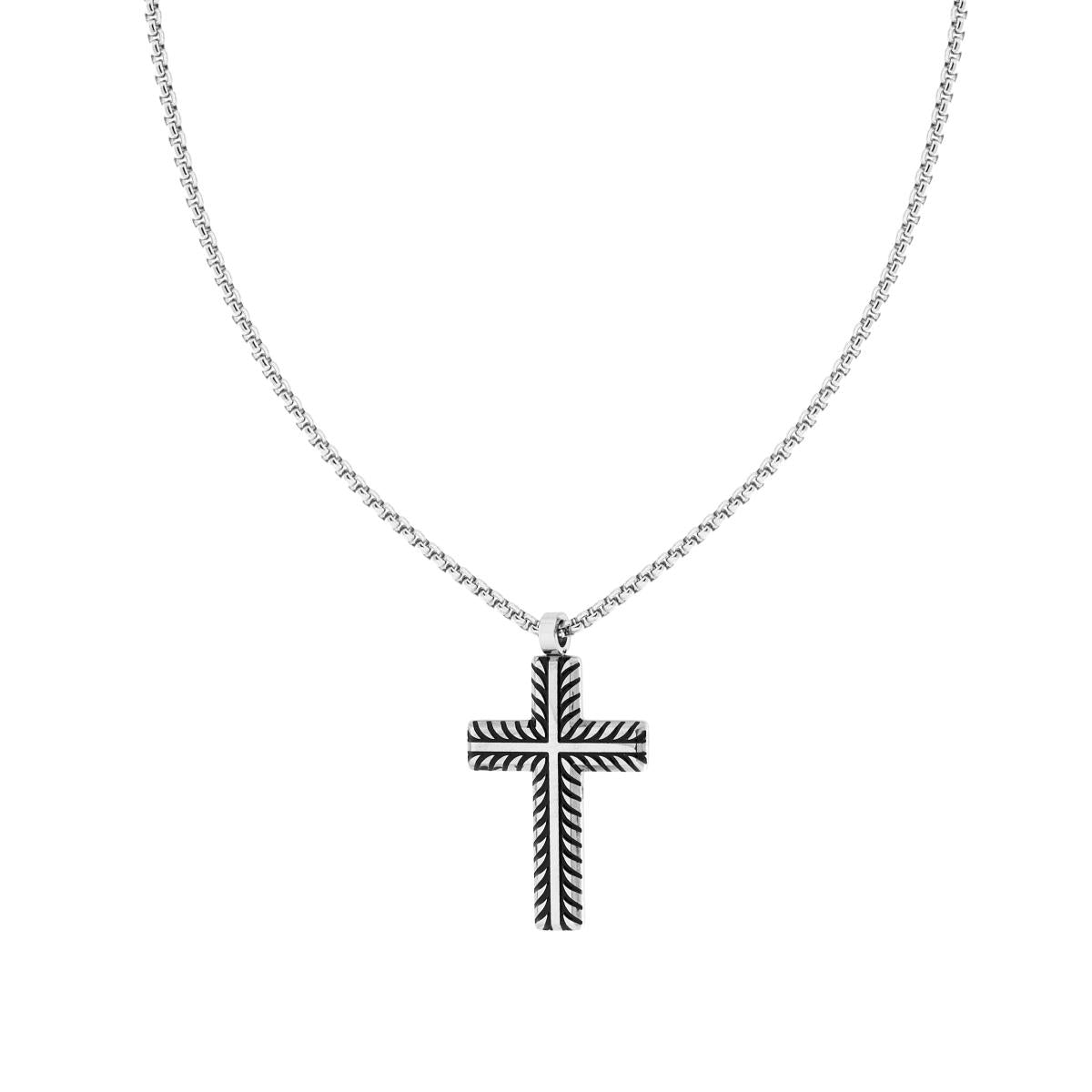 Collana Catena Veneziana tonda con Croce Treccia Brunita in ACCIAIO