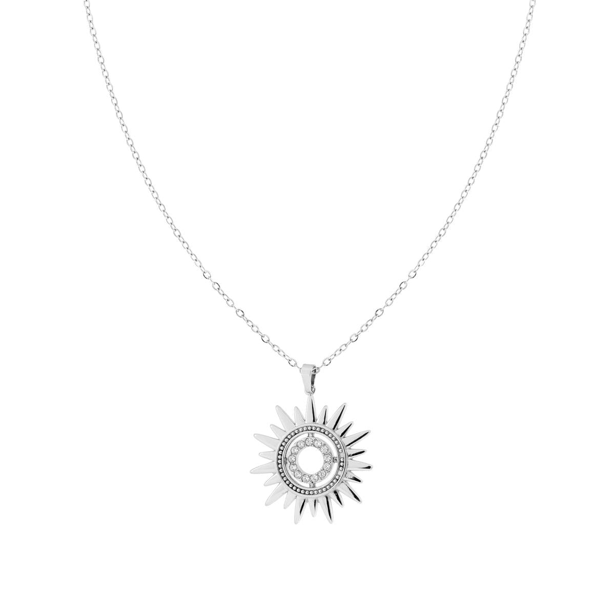 Collana Catena Forzatina Diamantata con Sole e Crystal Bianchi in ACCIAIO