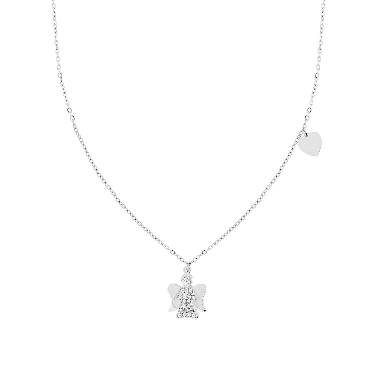 Collana Catena Forzatina Diamantata con Angelo Cuore e Crystal Bianchi in ACCIAIO