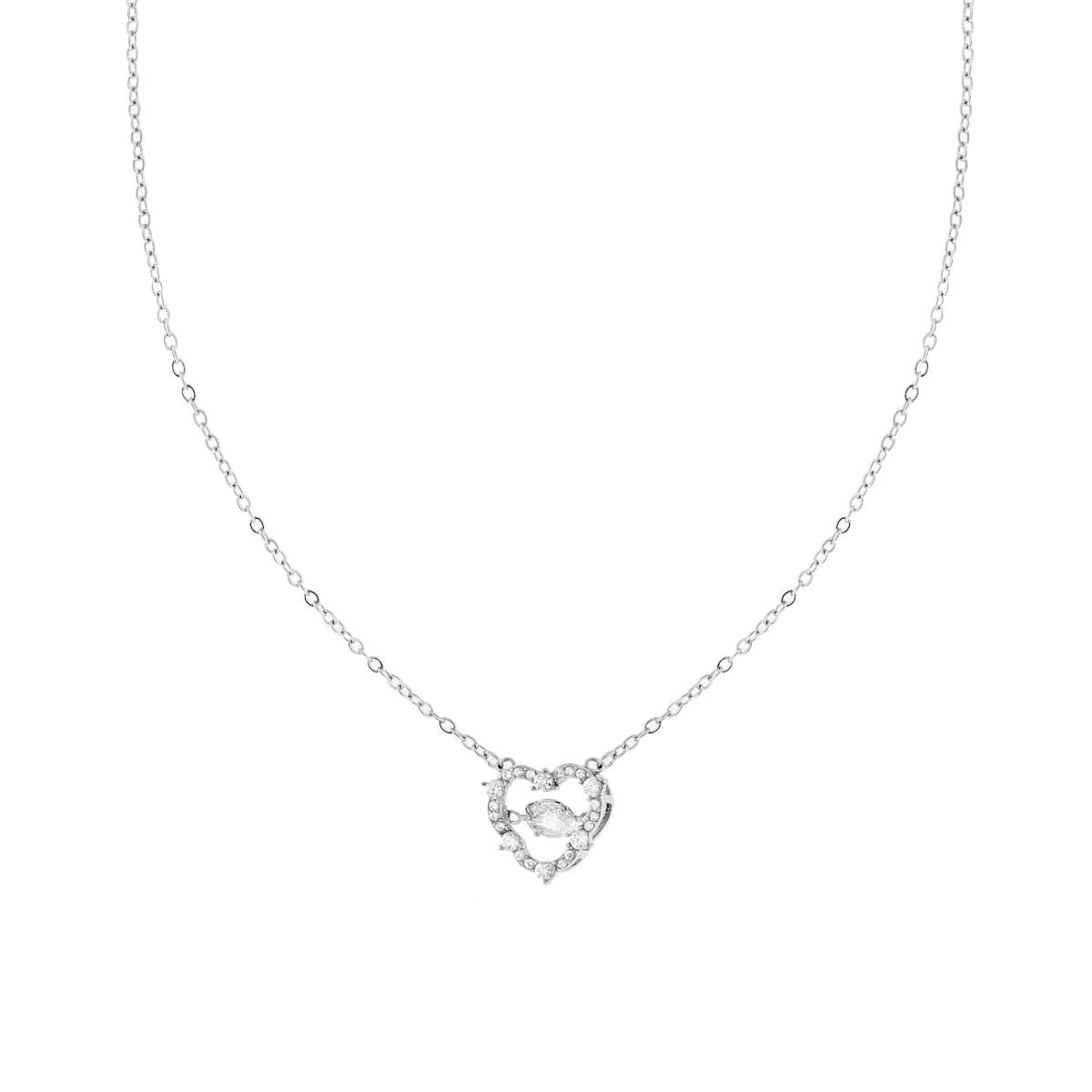 Collana Catena Forzatina Diamantata con Punto Luce e Cuore con Crystal Bianchi in ACCIAIO e OTTONE