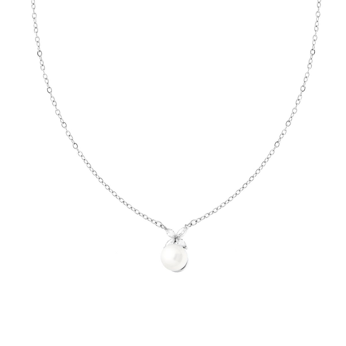 Collana Catena Forzatina Diamantata con Perla e Fiore con Crystal Bianchi in ACCIAIO