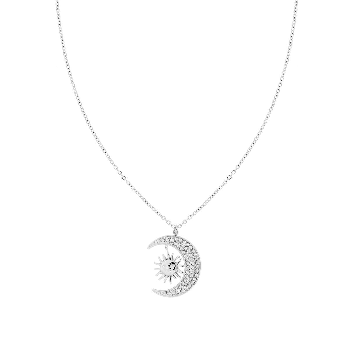 Collana Catena Forzatina con Luna e Sole e Crystal Bianchi in ACCIAIO