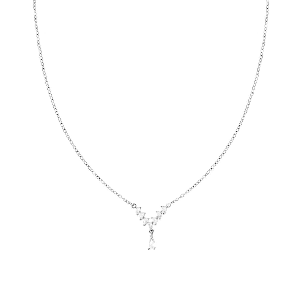 Collana Catena Forzatina Diamantata con Diadema centrale con Gocce Crystal Bianchi in ACCIAIO