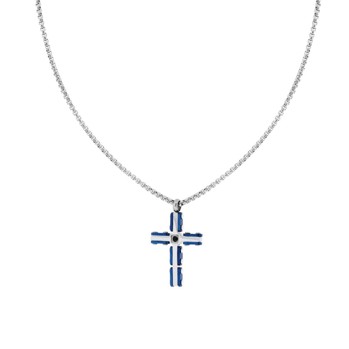 Collana Catena Veneziana Tonda con Croce colore Blu e Crystal Nero in ACCIAIO