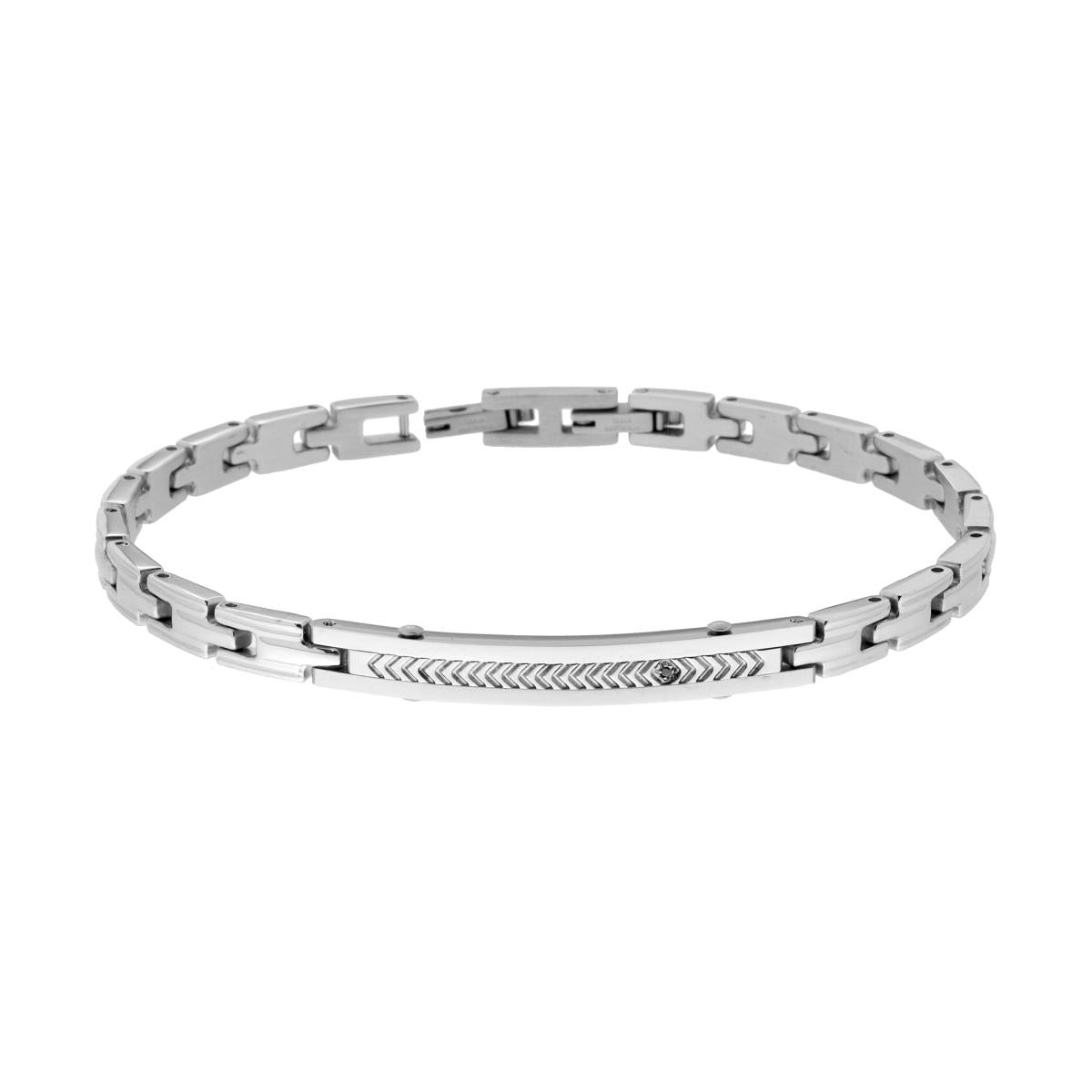 Bracciale Uomo Catena Imperniata con Targa rigata e Crystal Nero in ACCIAIO