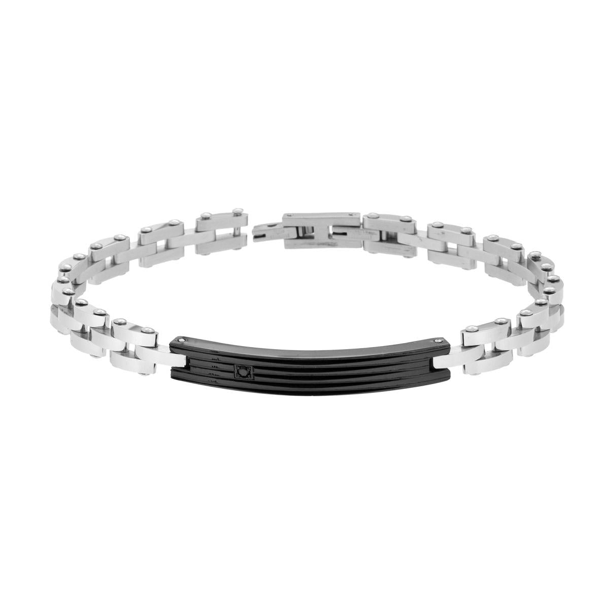 Bracciale Uomo Catena Imperniata con Targa rigata colore Nero e Crystal Nero in ACCIAIO