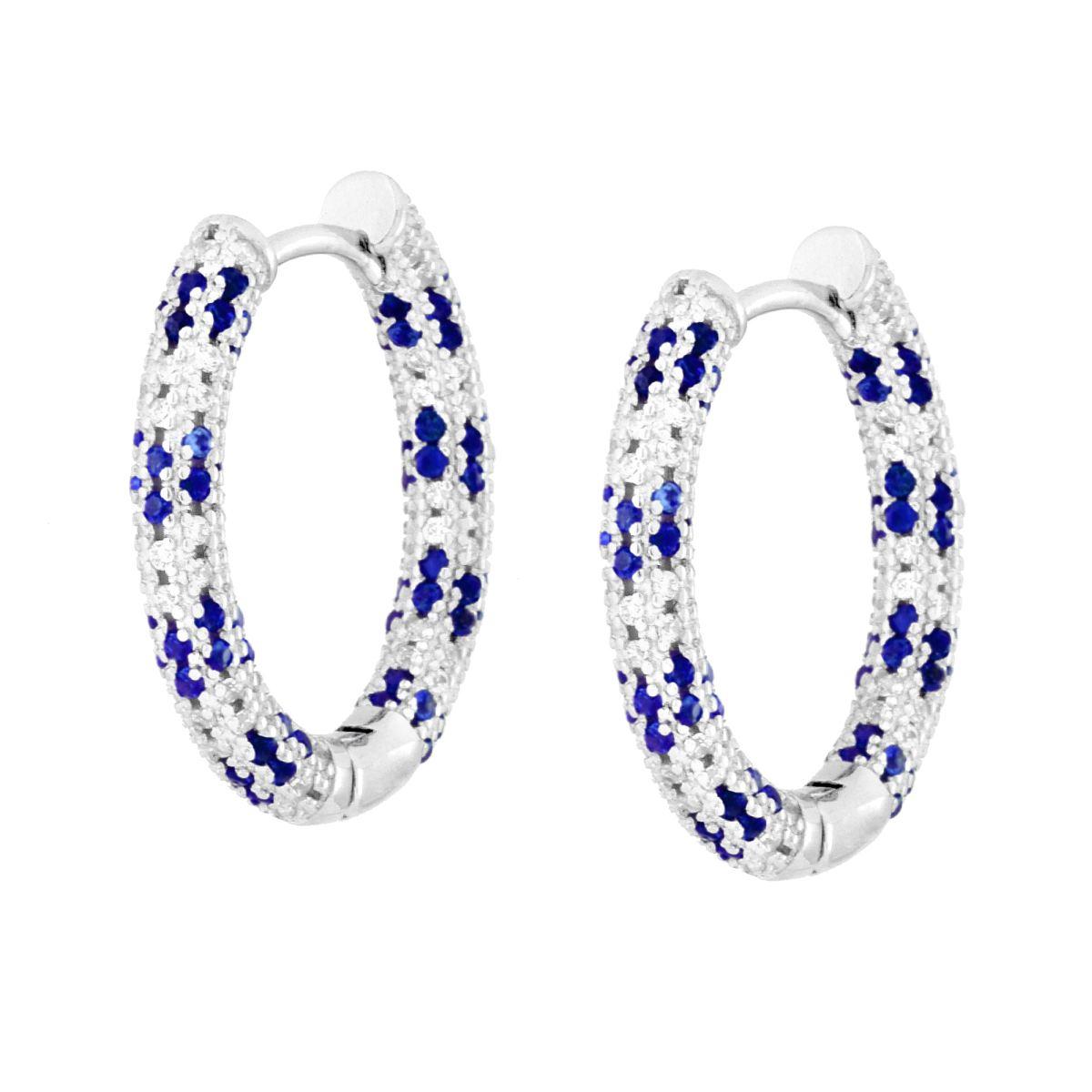 Orecchini Cerchio Creola con Cubic Zirconia Blu Zaffiro e Bianchi in ARGENTO 925 Galvanica Rodio