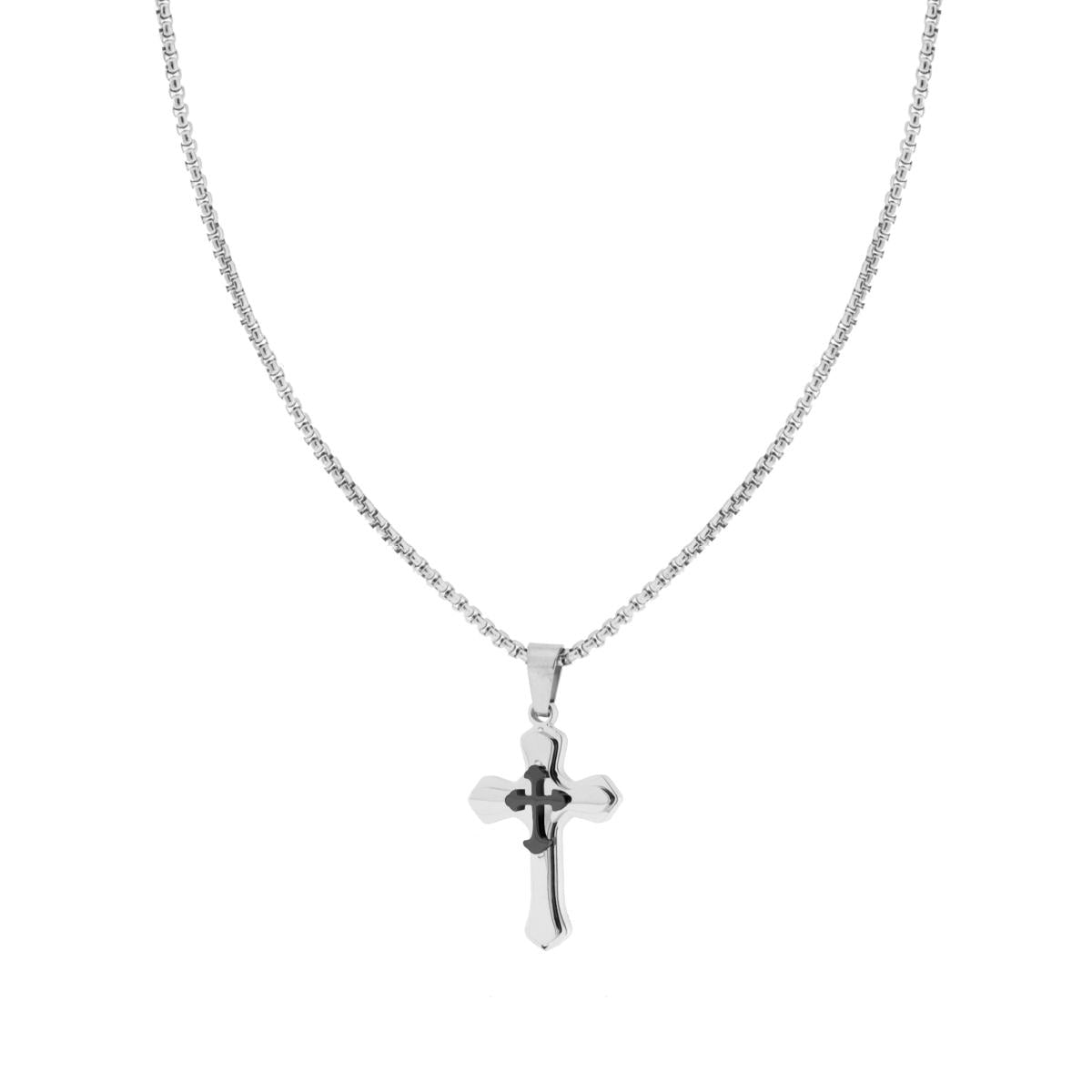 Collana Catena Veneziana Tonda con Croce colore Nero in ACCIAIO