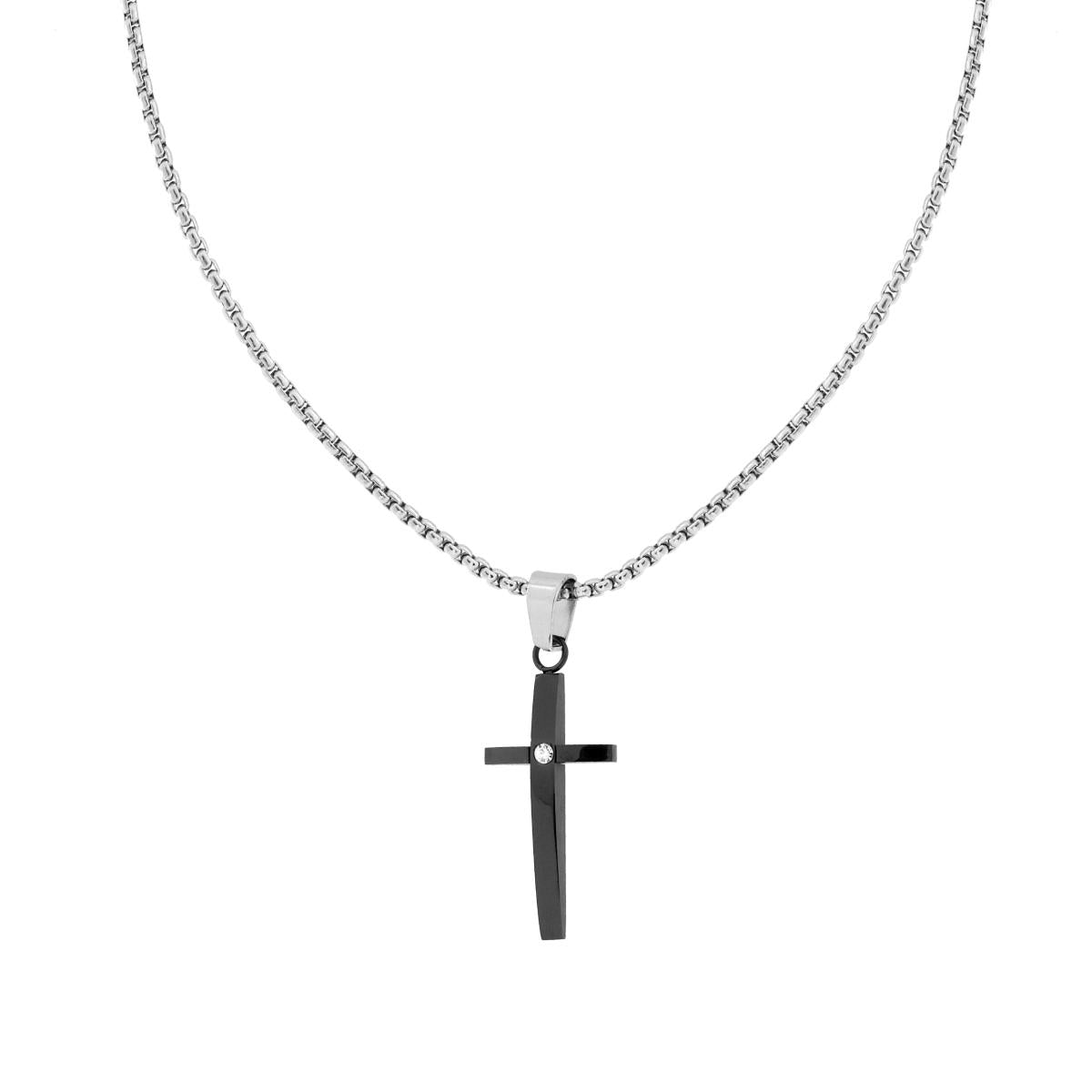 Collana Catena Veneziana Tonda con Croce Nera e Crystal Bianco in ACCIAIO