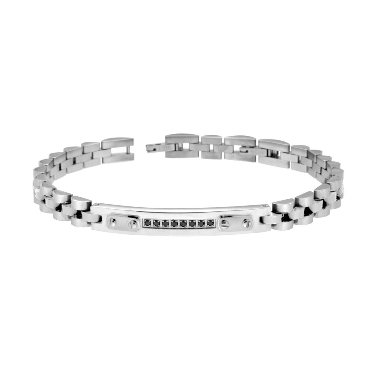 Bracciale Uomo Catena Imperniata con Targa e Crystal Neri in ACCIAIO