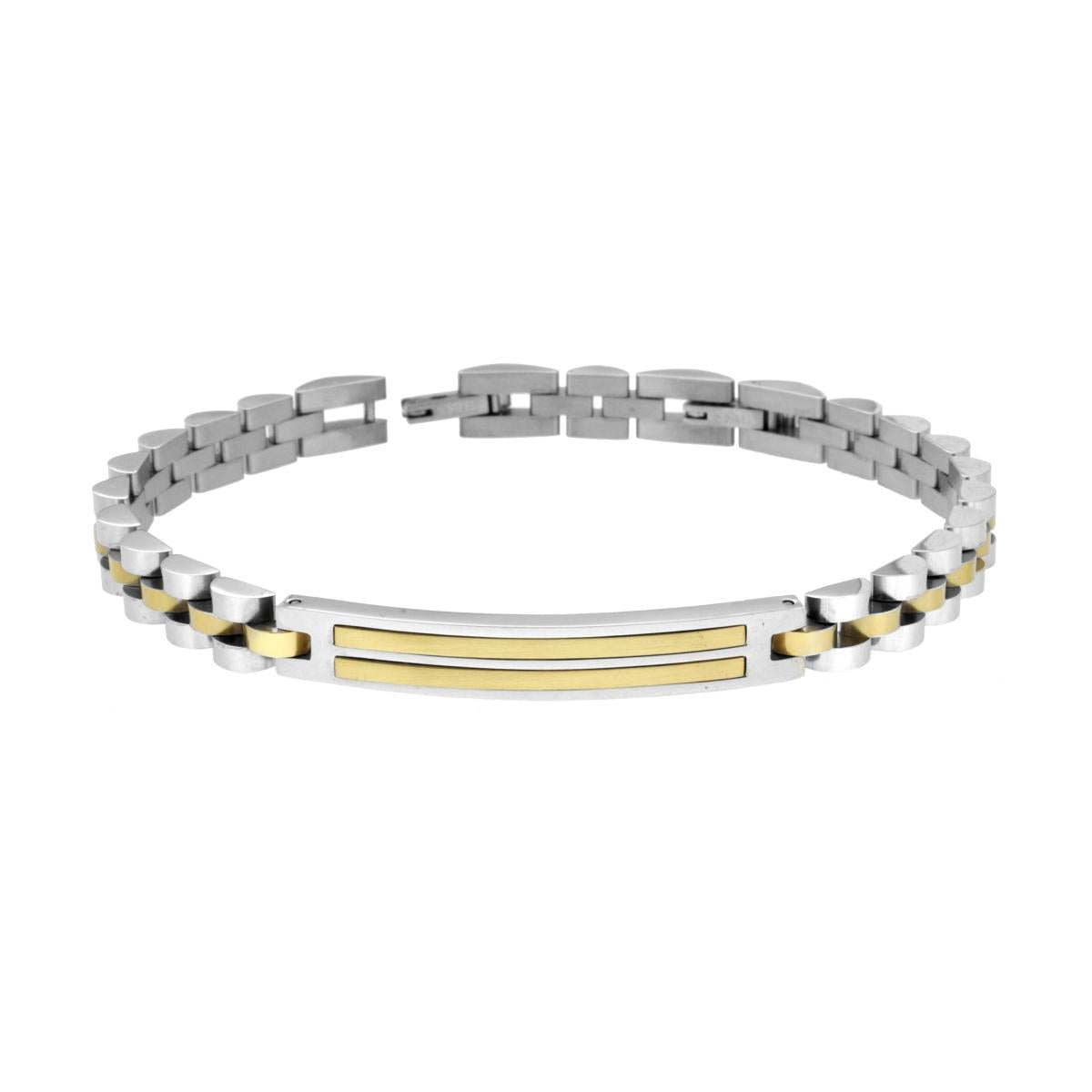 Bracciale Uomo Catena Imperniata con Targa e Inserto colore Oro Satinato in ACCIAIO