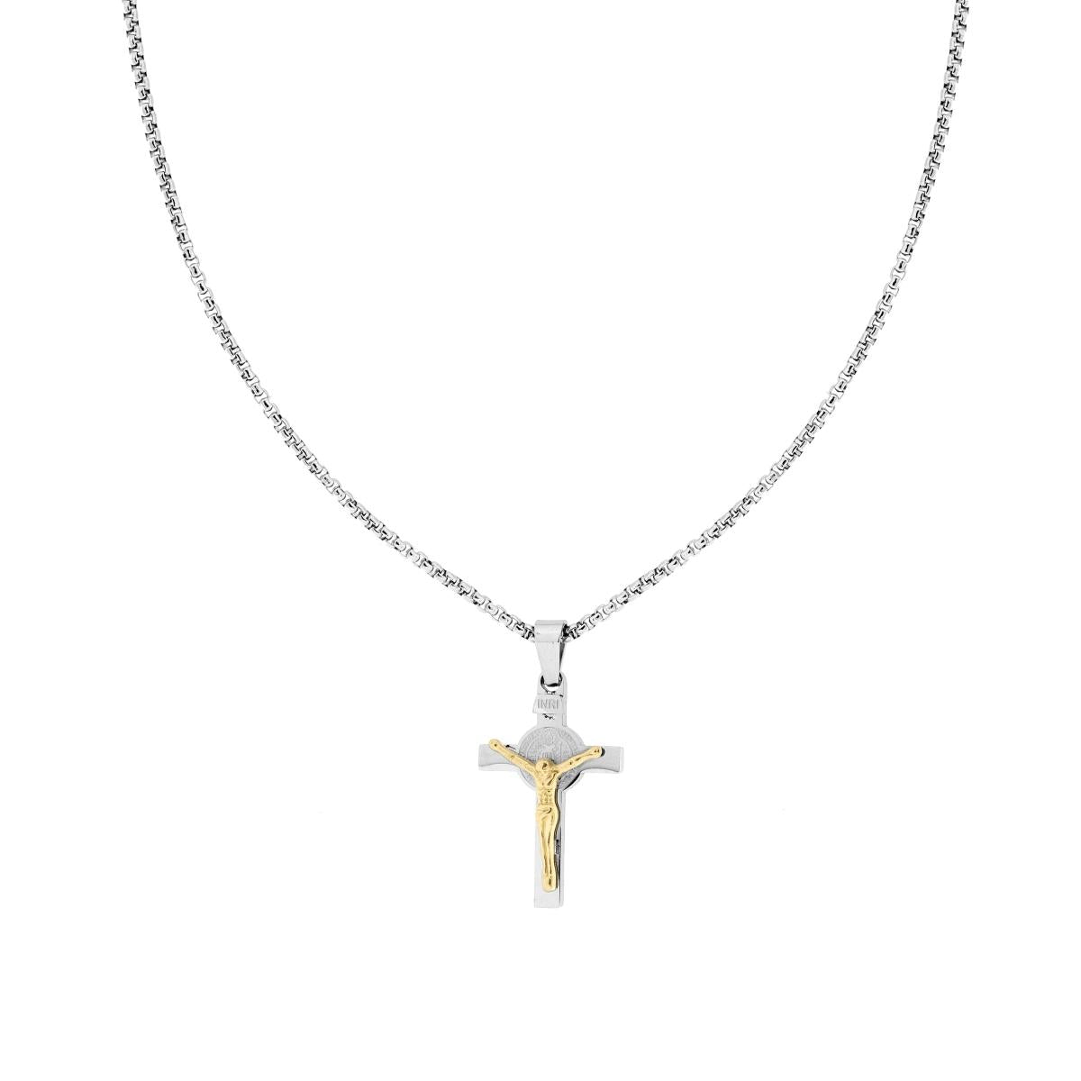 Collana Catena Veneziana Tonda con Croce con Gesu Cristo colore Oro in ACCIAIO