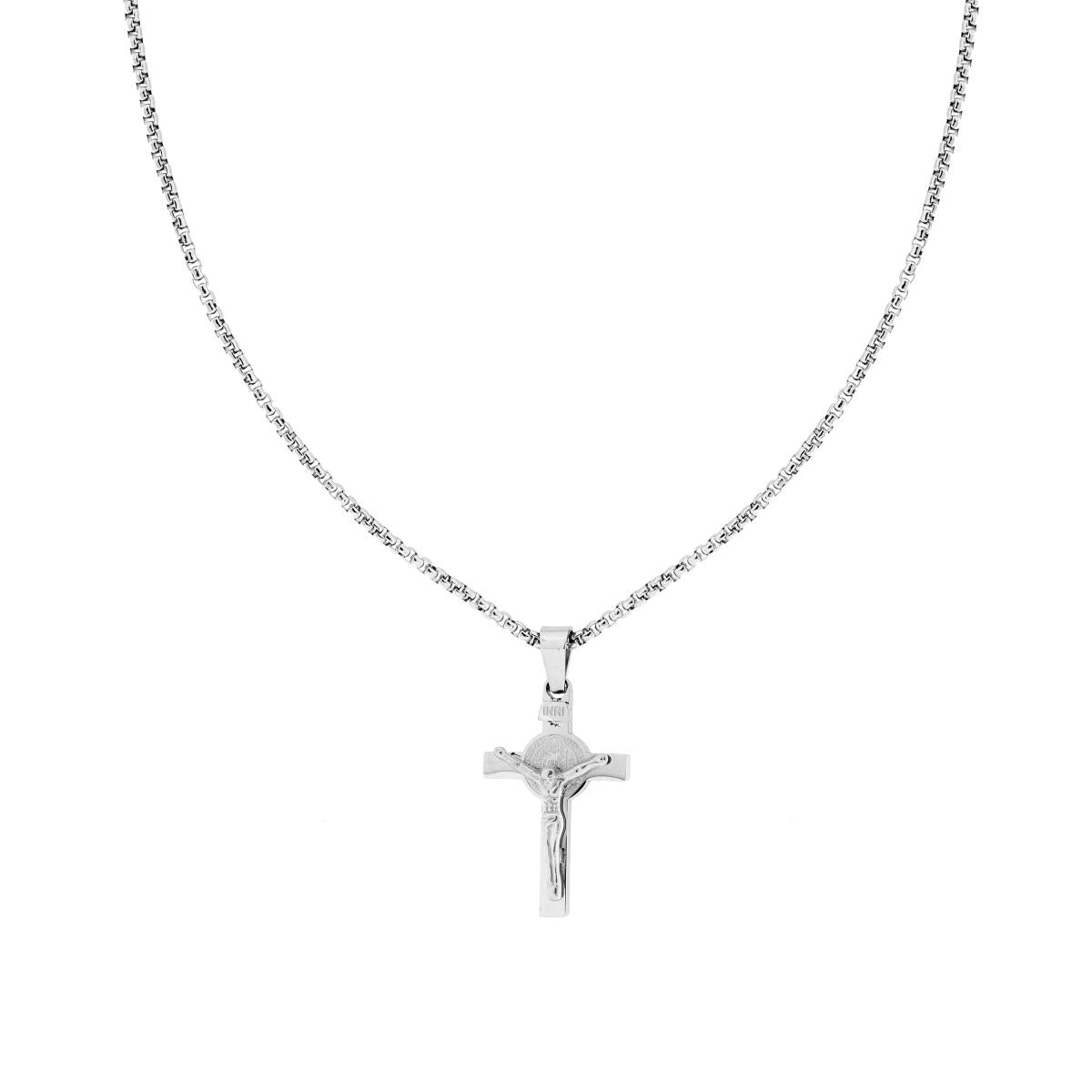 Collana Catena Veneziana Tonda con Croce con Gesu Cristo in ACCIAIO