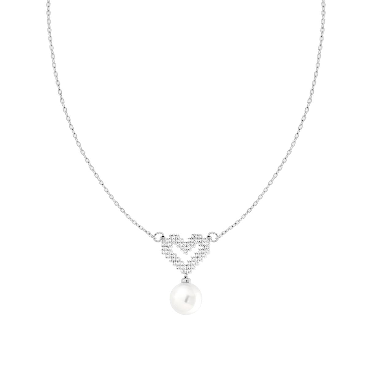 Collana Catena Forzatina Diamantata con Cuore Perla e Crystal Bianchi in ACCIAIO